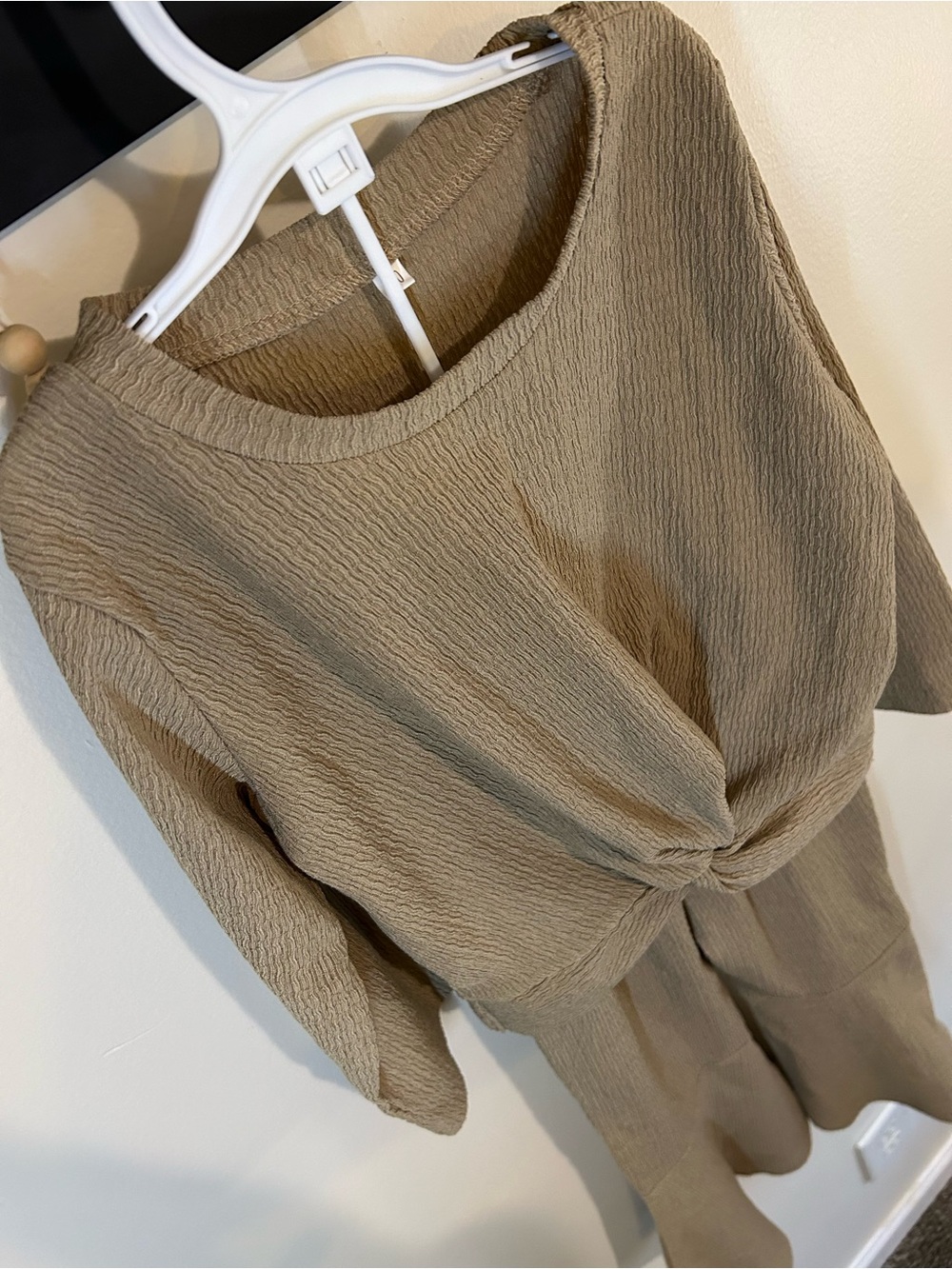 Kids Long Sleeve Matching Set in Tan/Olive - Twist-Front Tee and Pants